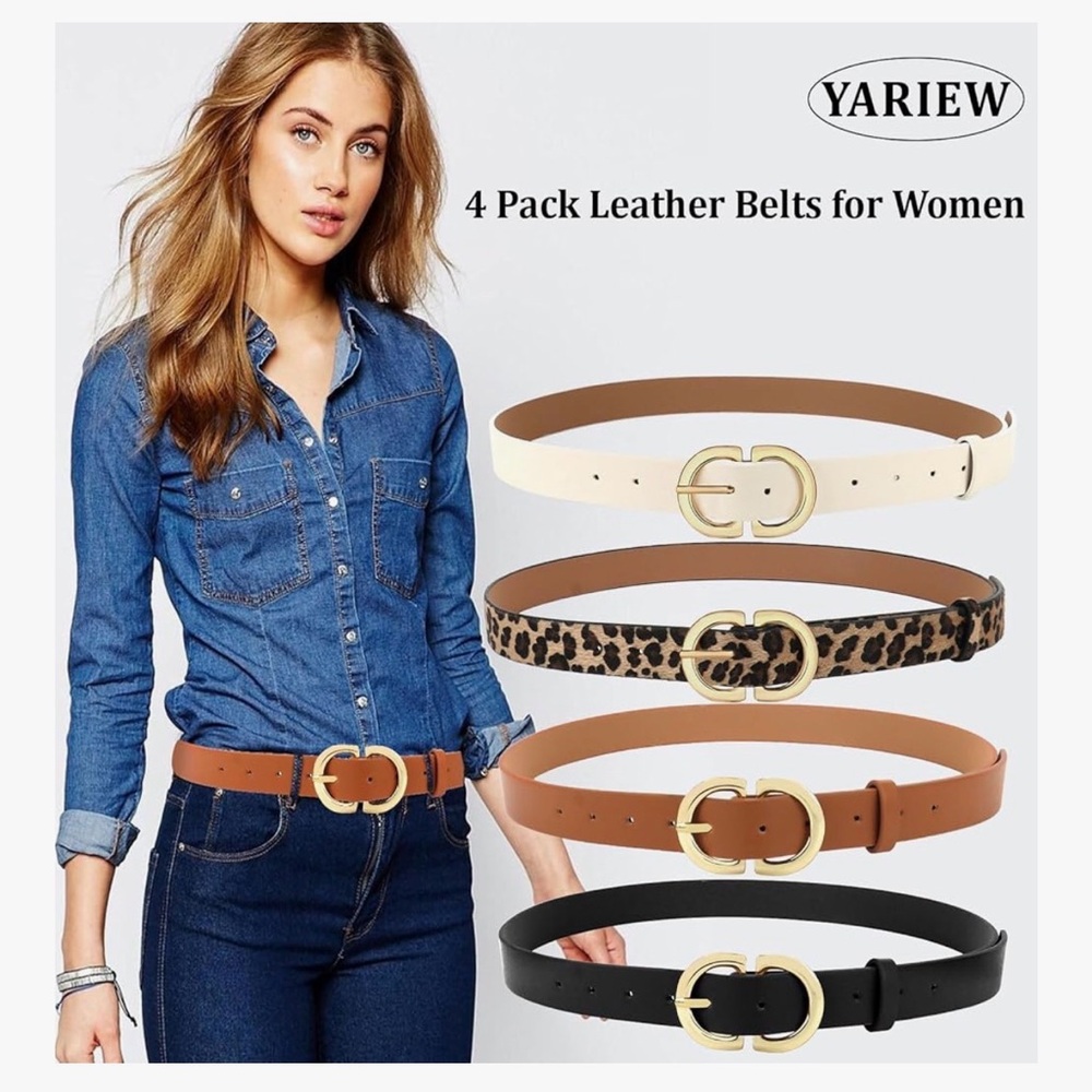 Set of 4, Classic Gold-Buckle Women's Belt - Black, Tan, White, Leopard